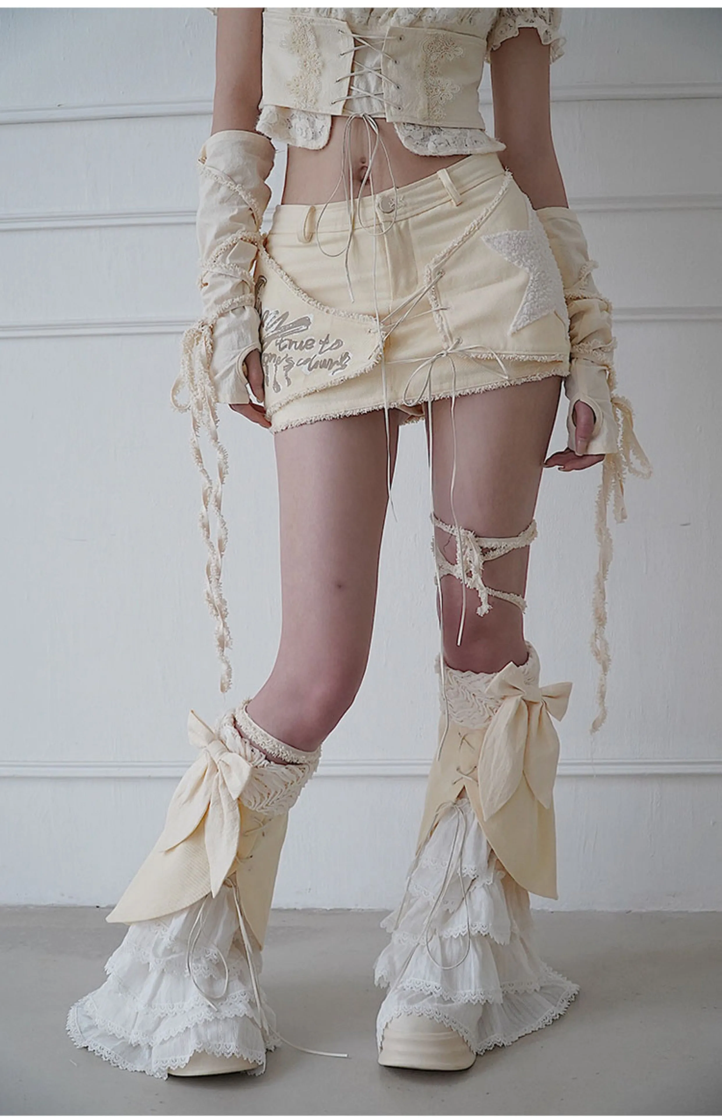 Original design long strap bow layered princess lace slimming leg sleeves