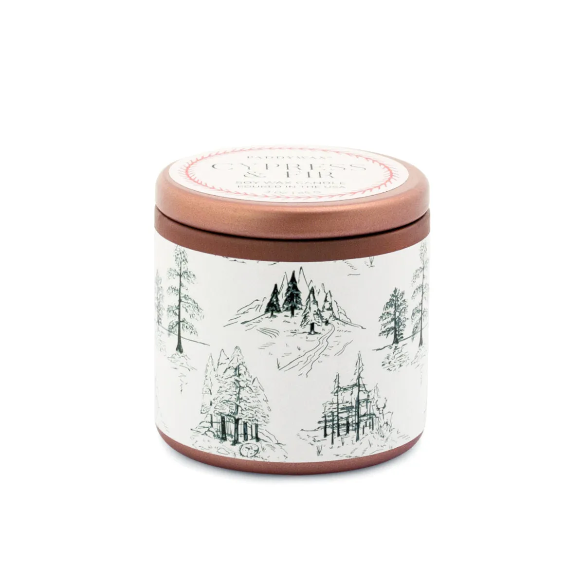 Paddywax Cypress & Fir Copper Tin White with Green Pattern Label Wrap