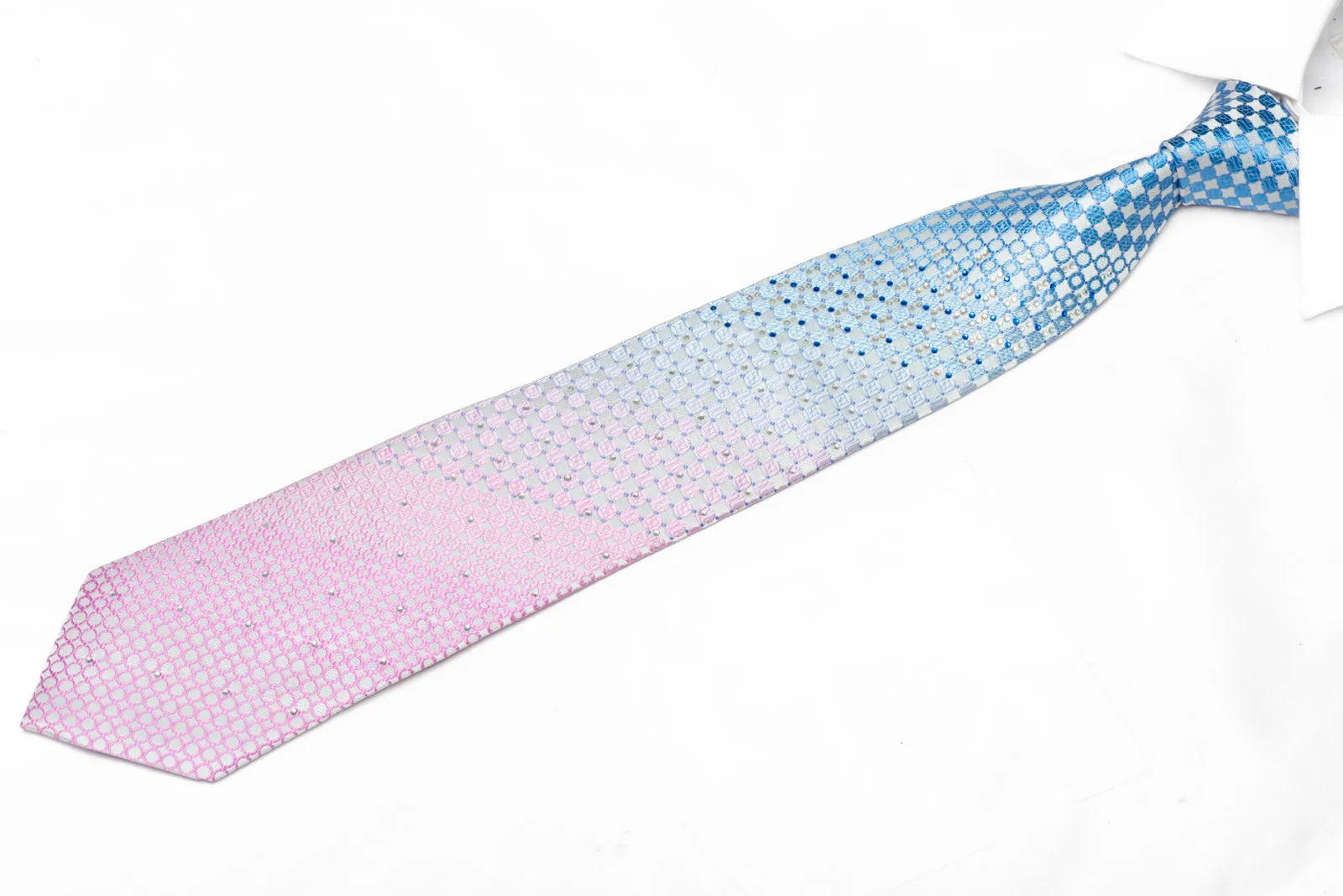 Pale Blue Pink Checkered Rhinestone Silk Necktie With Silver Sparkles
