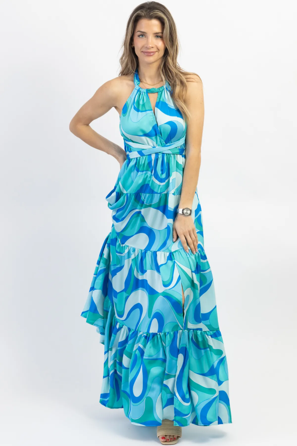 PARADISO MULTIBLUE HALTER MAXI DRESS