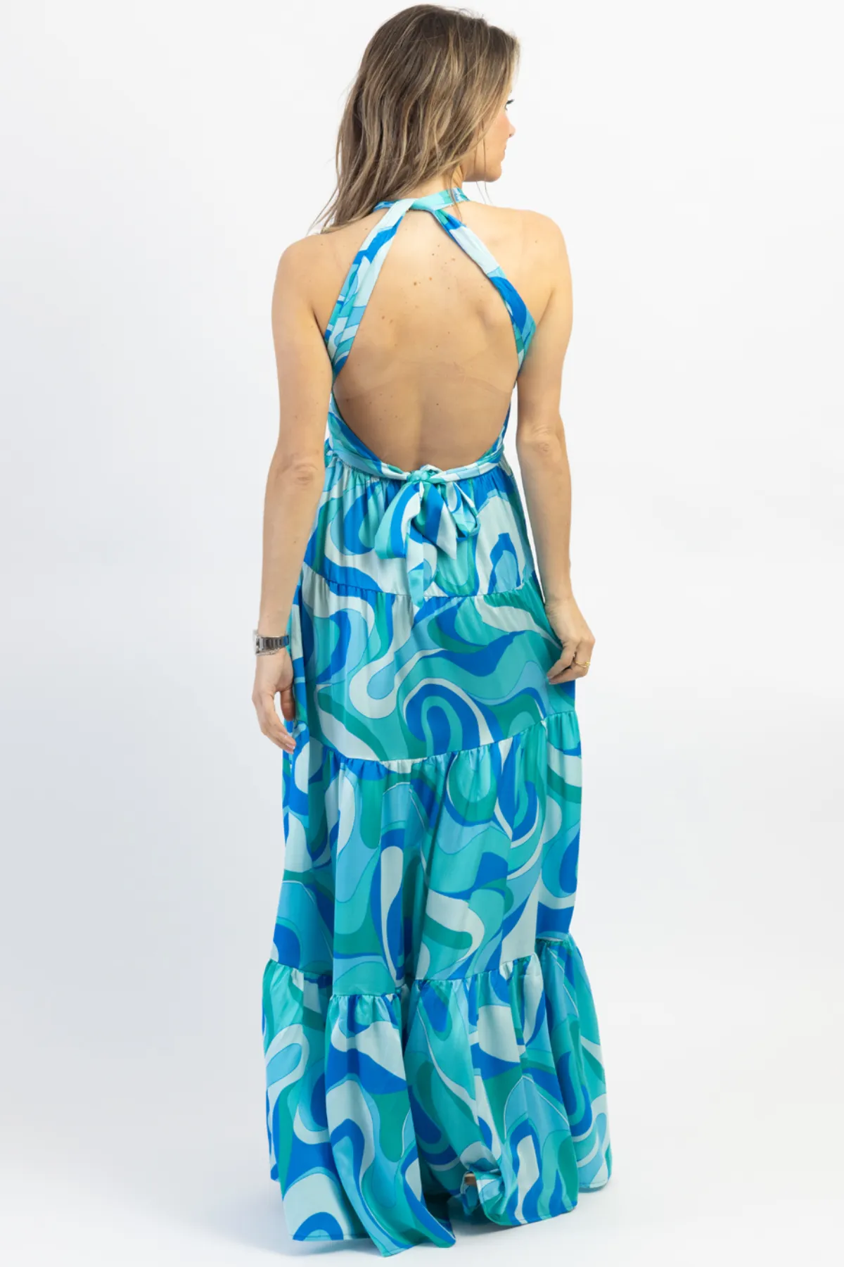 PARADISO MULTIBLUE HALTER MAXI DRESS