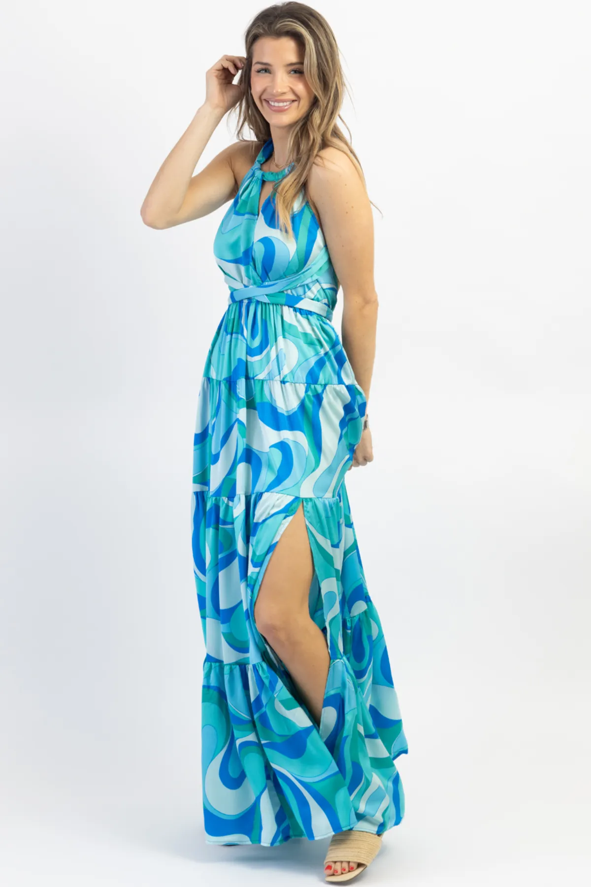 PARADISO MULTIBLUE HALTER MAXI DRESS