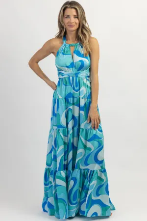 PARADISO MULTIBLUE HALTER MAXI DRESS