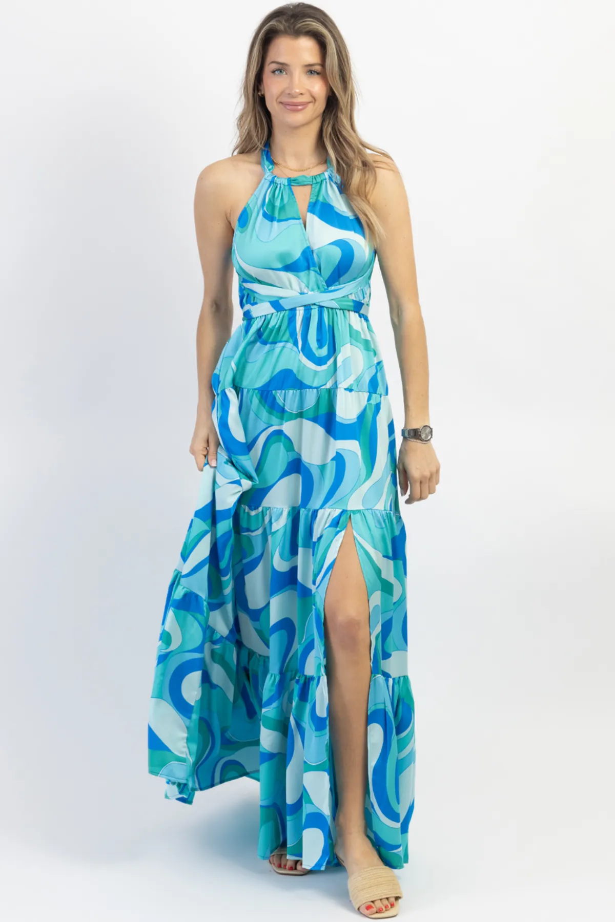 PARADISO MULTIBLUE HALTER MAXI DRESS