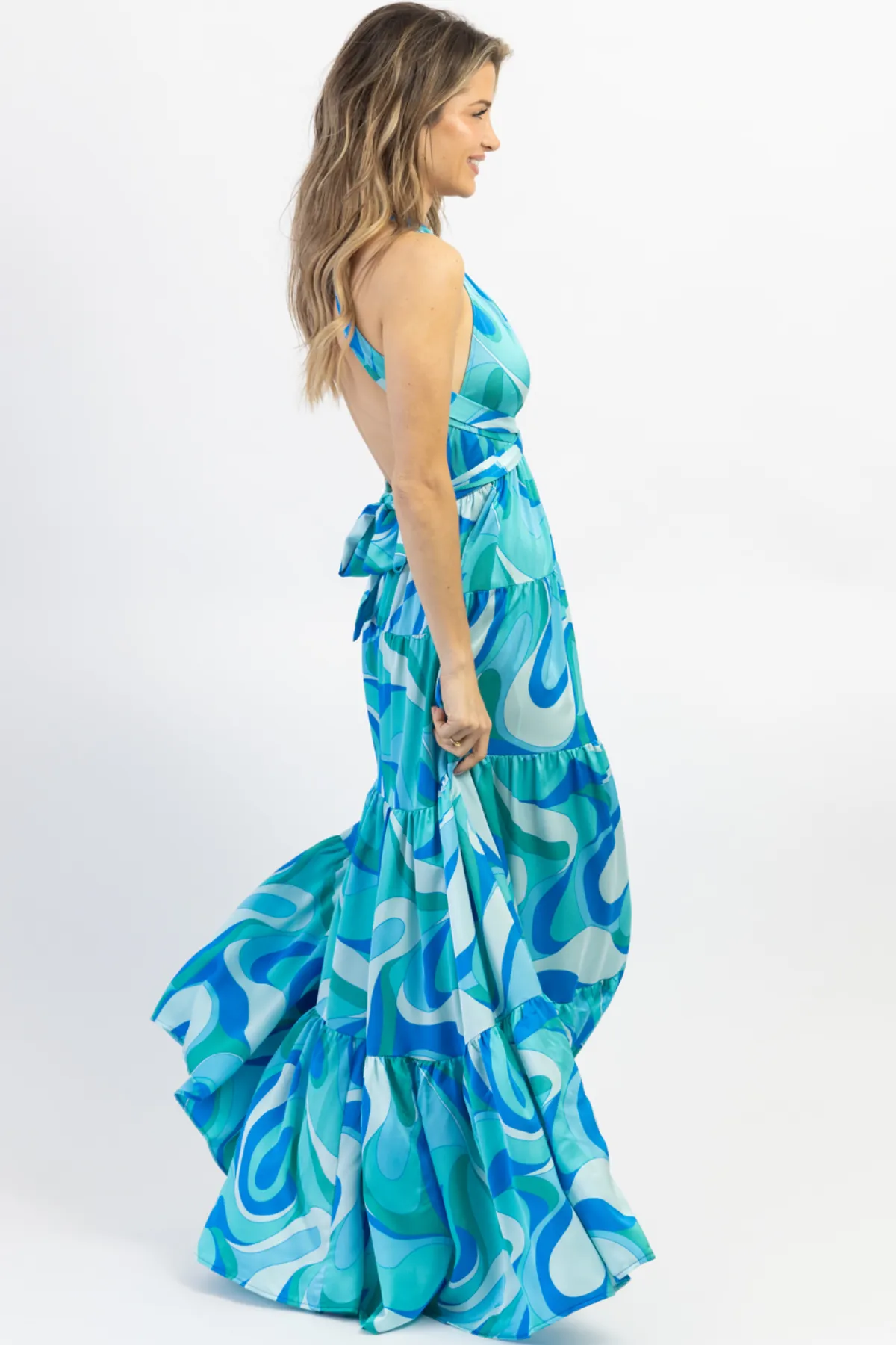 PARADISO MULTIBLUE HALTER MAXI DRESS