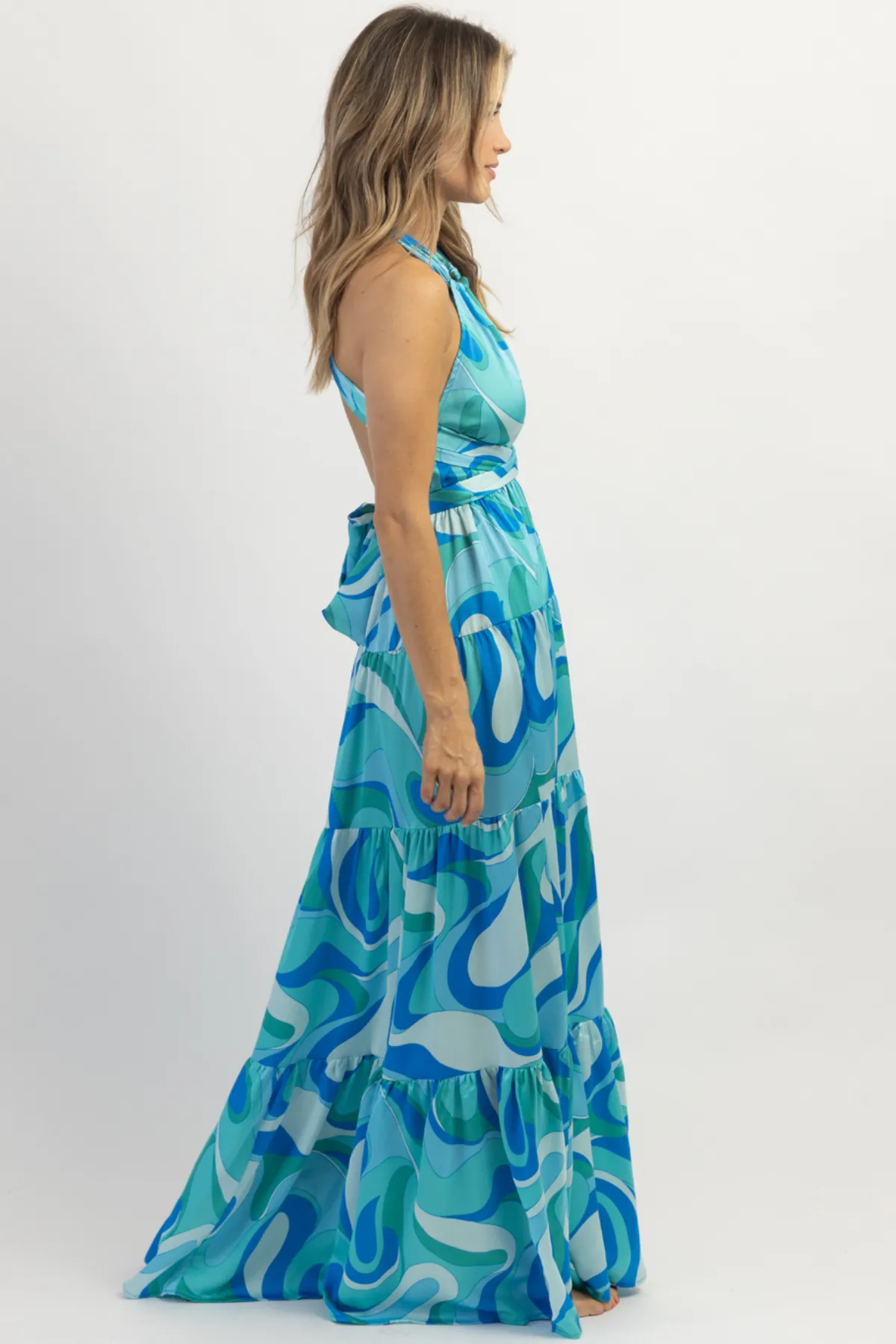 PARADISO MULTIBLUE HALTER MAXI DRESS