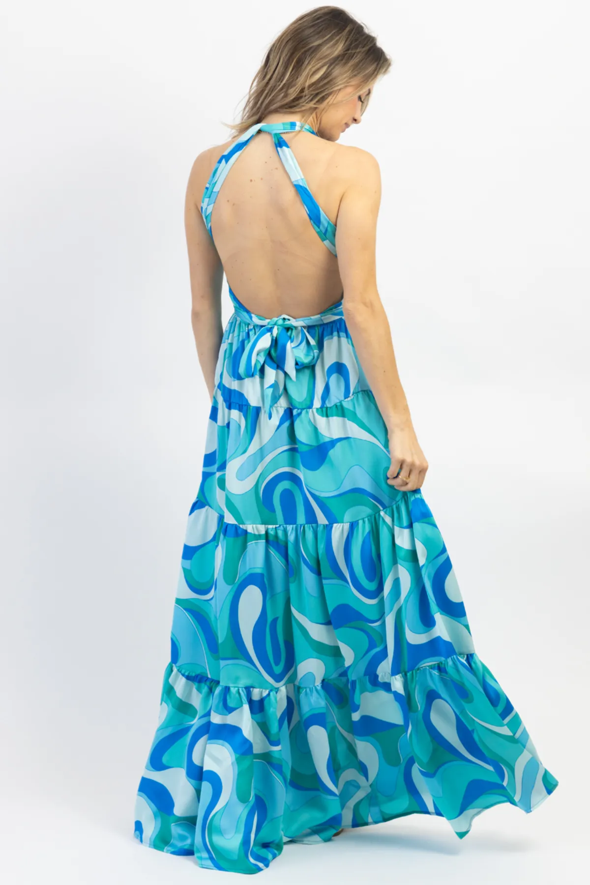 PARADISO MULTIBLUE HALTER MAXI DRESS