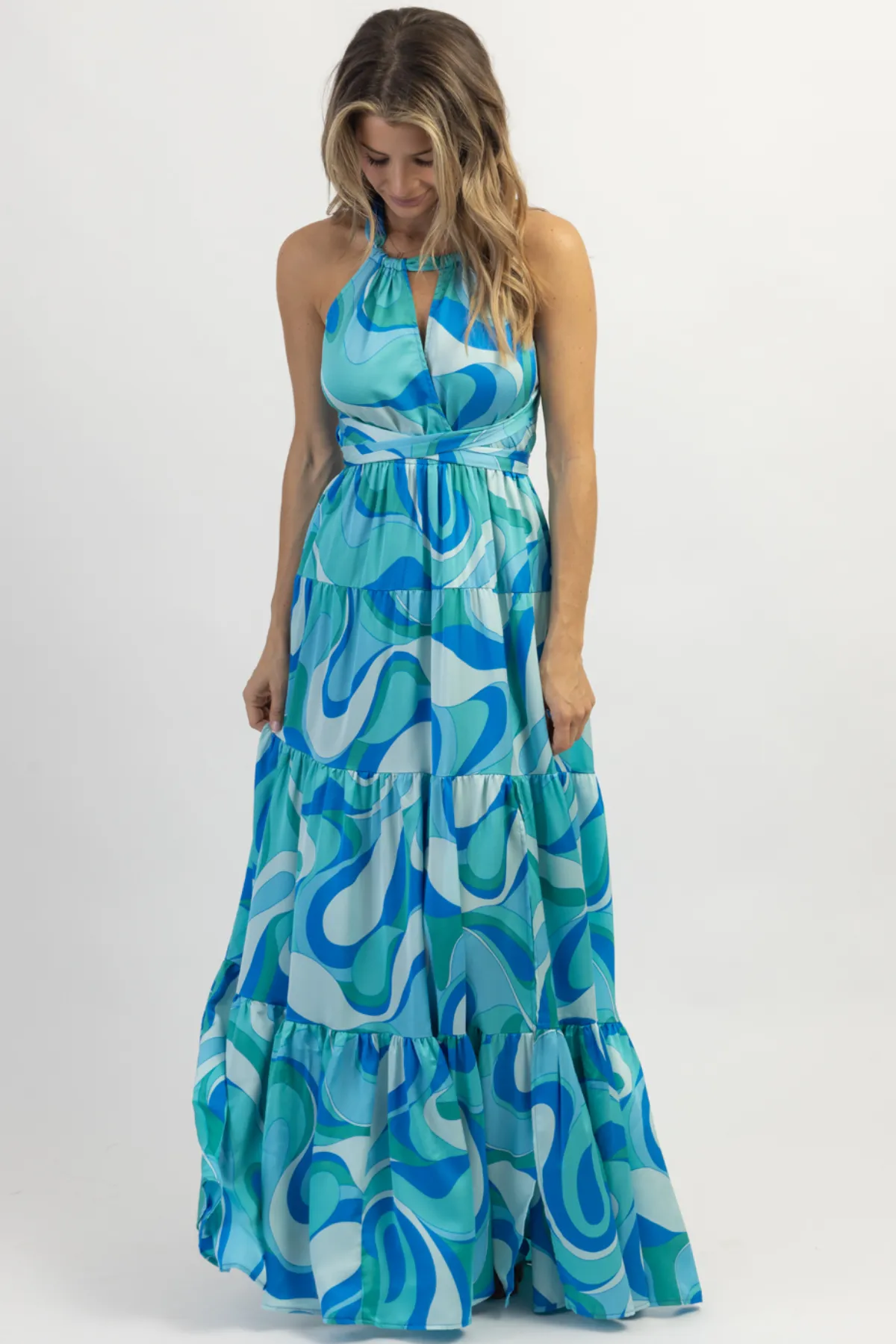 PARADISO MULTIBLUE HALTER MAXI DRESS