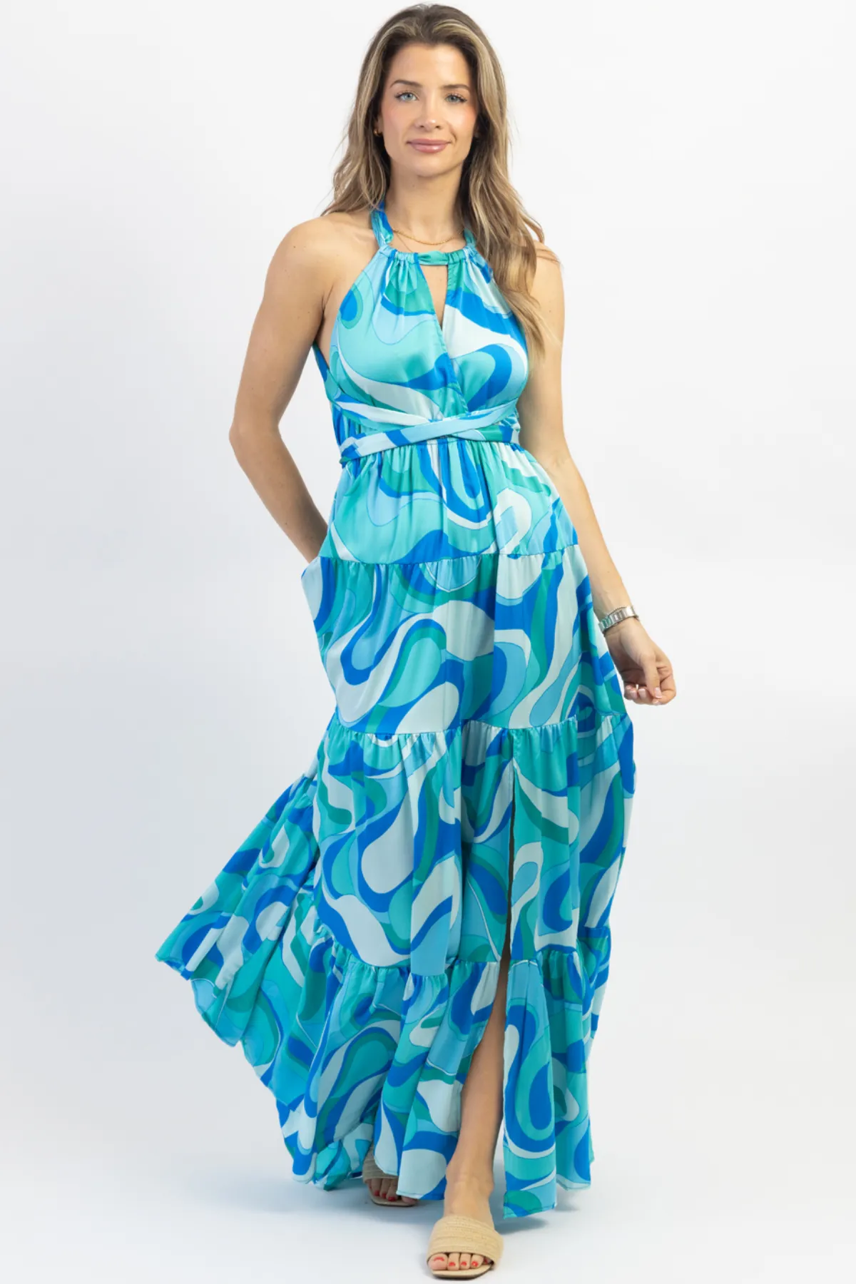 PARADISO MULTIBLUE HALTER MAXI DRESS