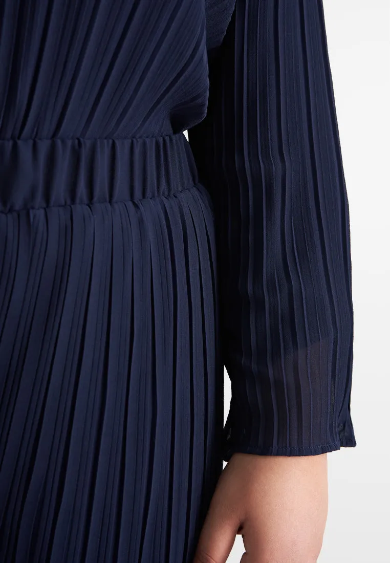 Pearly Chiffon Pleated Pants Set - Navy Blue