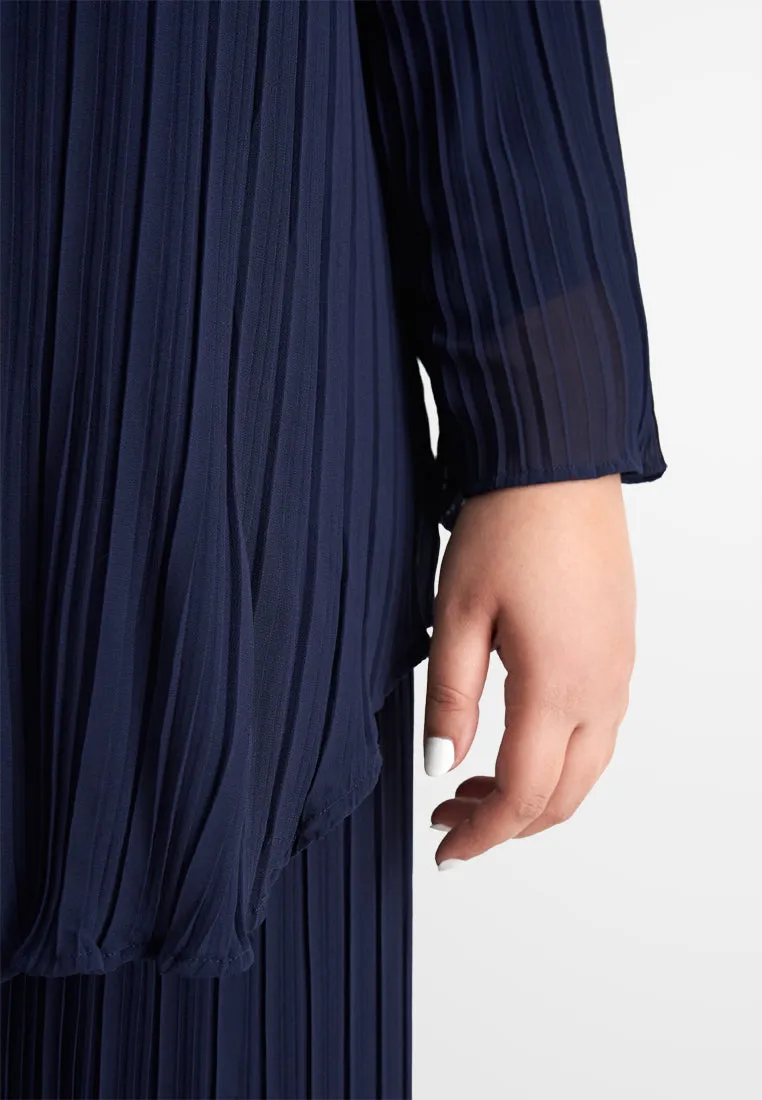 Pearly Chiffon Pleated Pants Set - Navy Blue