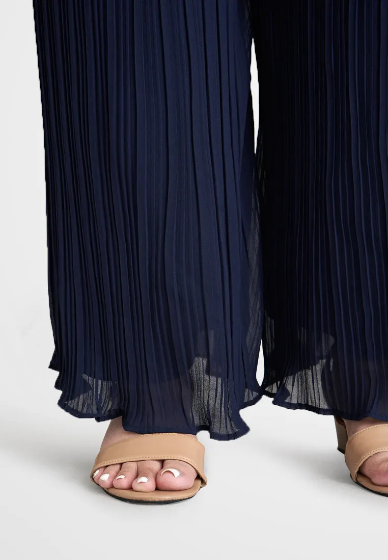 Pearly Chiffon Pleated Pants Set - Navy Blue