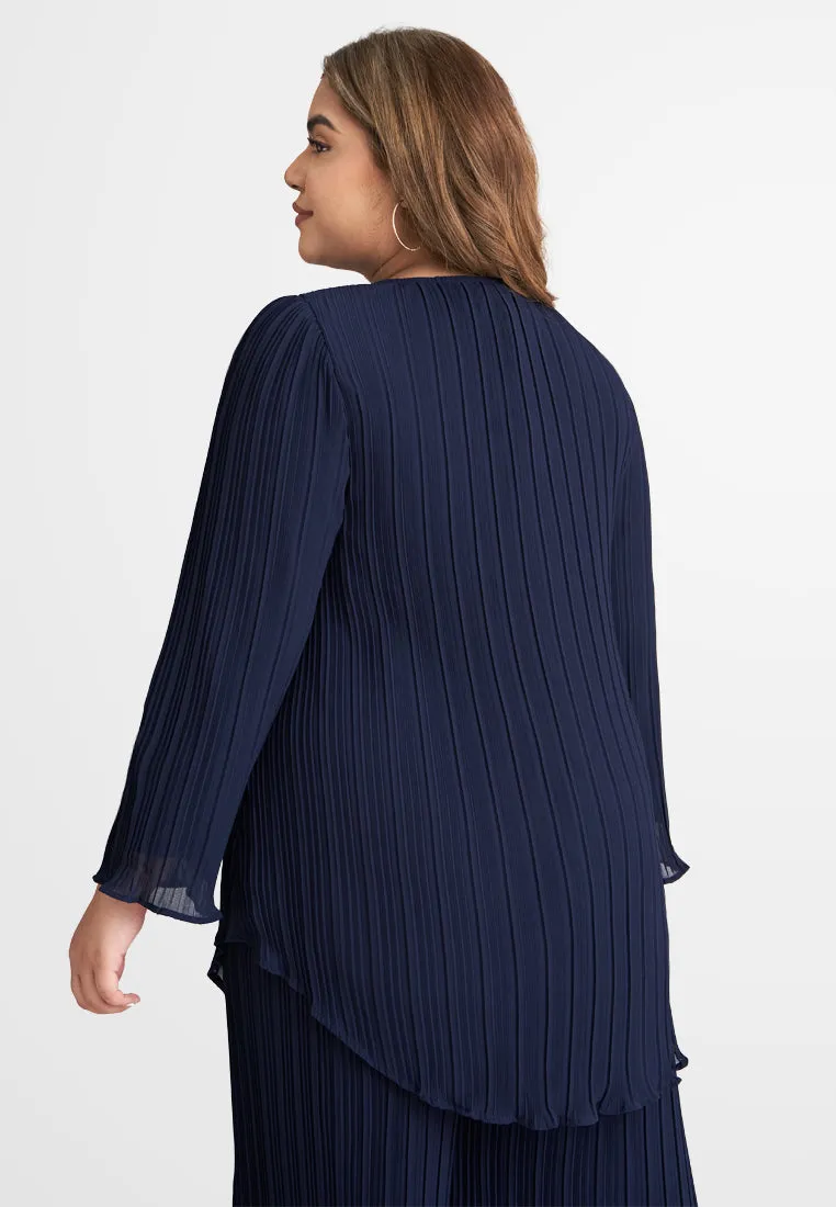 Pearly Chiffon Pleated Pants Set - Navy Blue