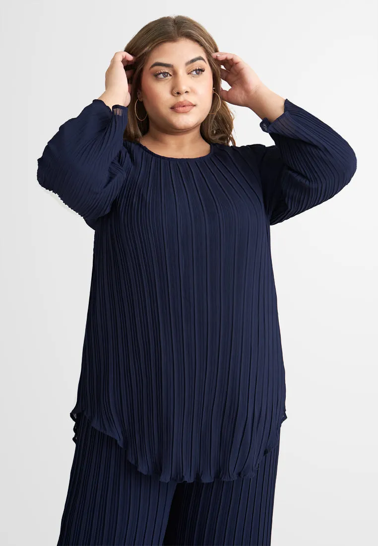 Pearly Chiffon Pleated Pants Set - Navy Blue