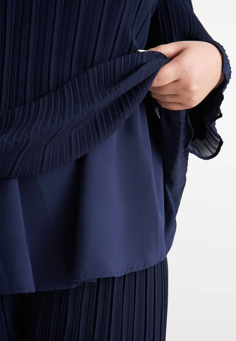 Pearly Chiffon Pleated Pants Set - Navy Blue