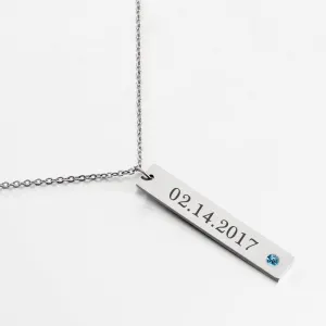 Personalized Stainless Steel Necklace with Engrave Name Bar & Birthstone Pendant