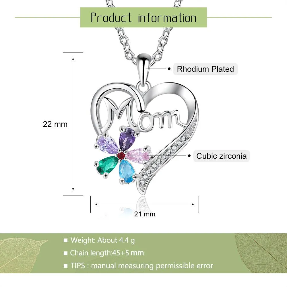 Personalized Women’s Copper Necklace with Customize Mom Heart-Shaped Flower Pendant, Add up to 5 Birthstones, Classic Fashion Jewelry for Mother