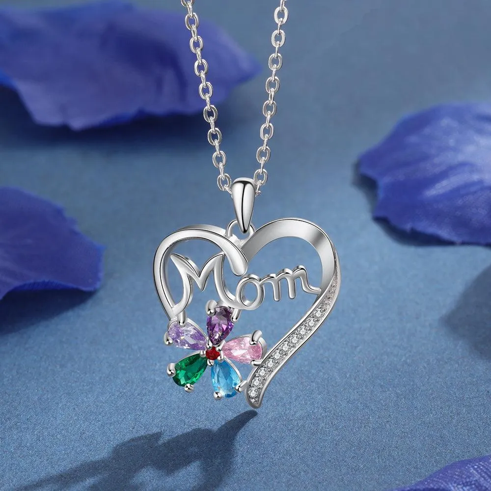 Personalized Women’s Copper Necklace with Customize Mom Heart-Shaped Flower Pendant, Add up to 5 Birthstones, Classic Fashion Jewelry for Mother