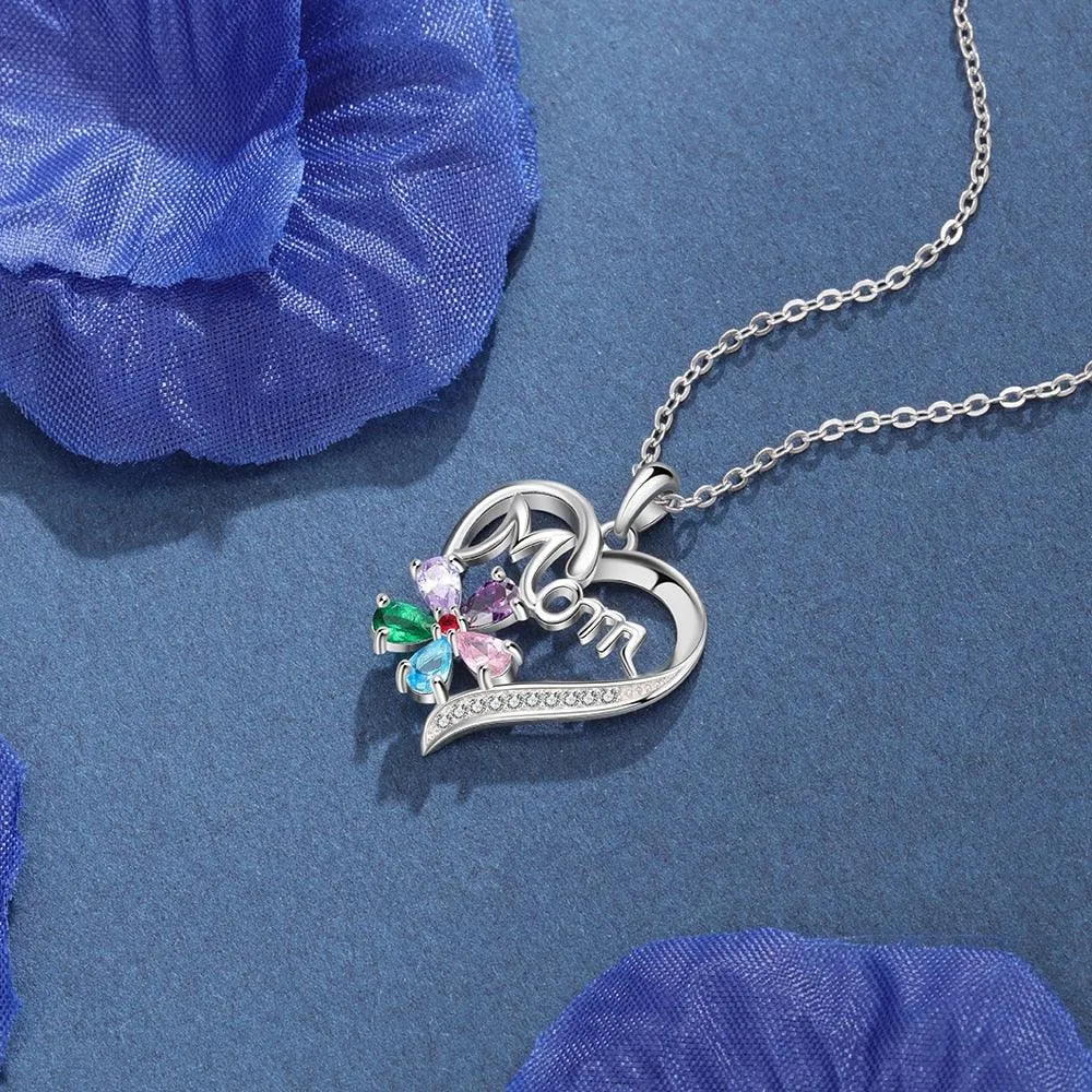 Personalized Women’s Copper Necklace with Customize Mom Heart-Shaped Flower Pendant, Add up to 5 Birthstones, Classic Fashion Jewelry for Mother