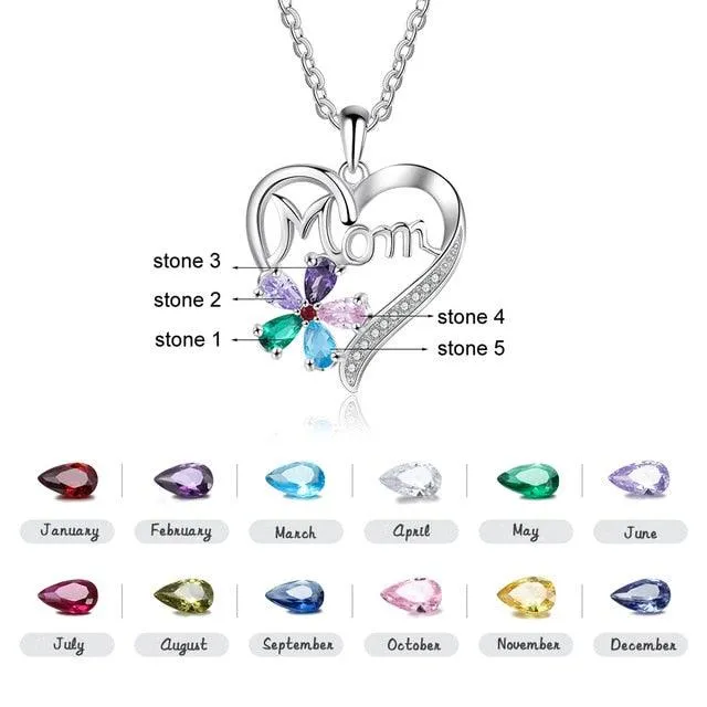 Personalized Women’s Copper Necklace with Customize Mom Heart-Shaped Flower Pendant, Add up to 5 Birthstones, Classic Fashion Jewelry for Mother