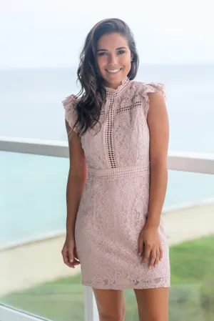 Pink Crochet Short Dress with High Neck