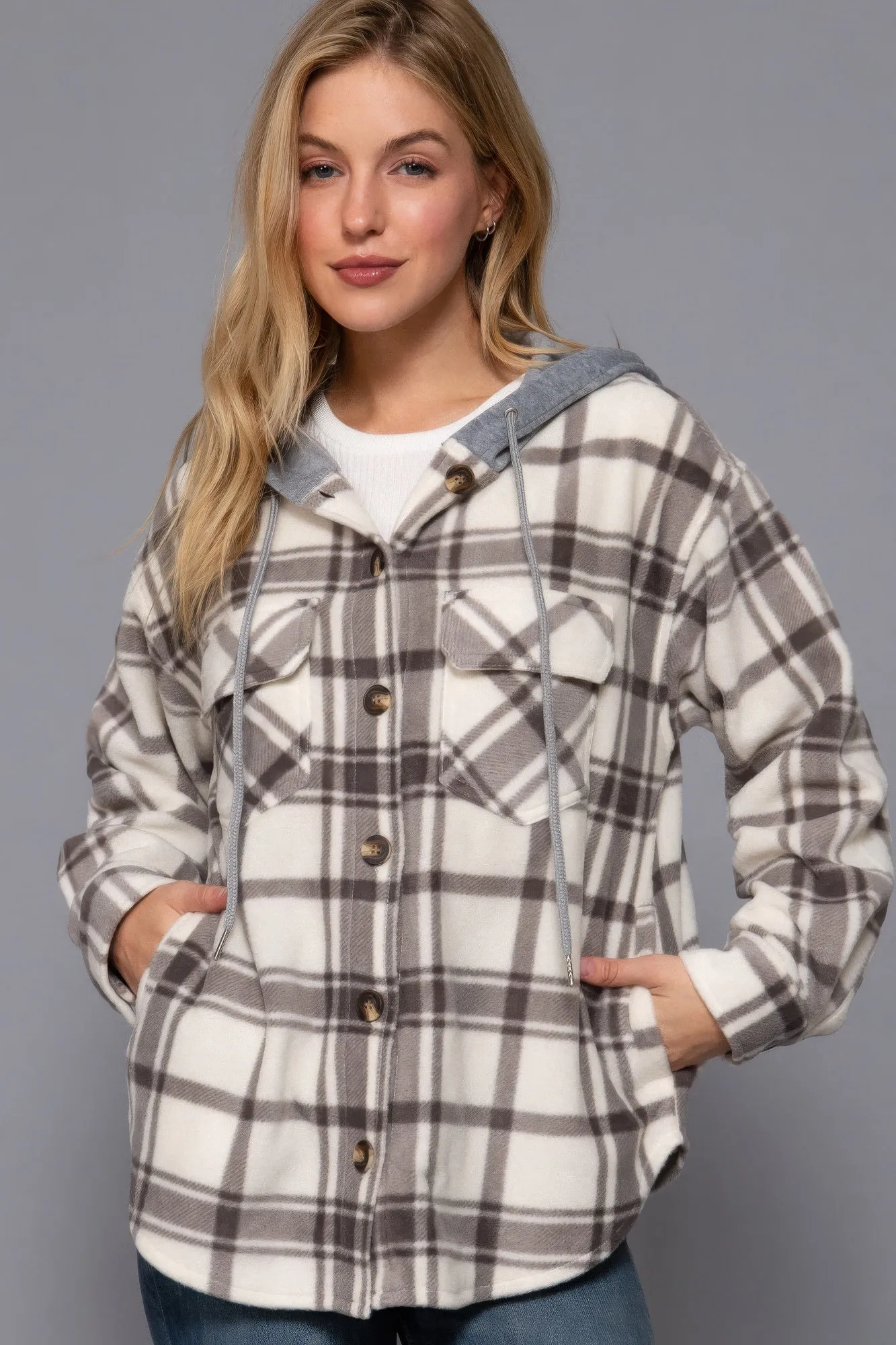 Plaid Print Hoodie Fleece Jacket