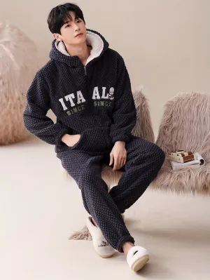 Plus Size 2 Pcs Men's Trendy Letter Pattern Hooded Zipper Long Sleeve & Trousers Plus Velvet Thick Pajama Set, Comfortable & Skin-friendly Style Men's Cozy Loungewear