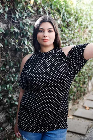 Plus Size Black Polka Dot Open Shoulder Short Sleeve Blouse