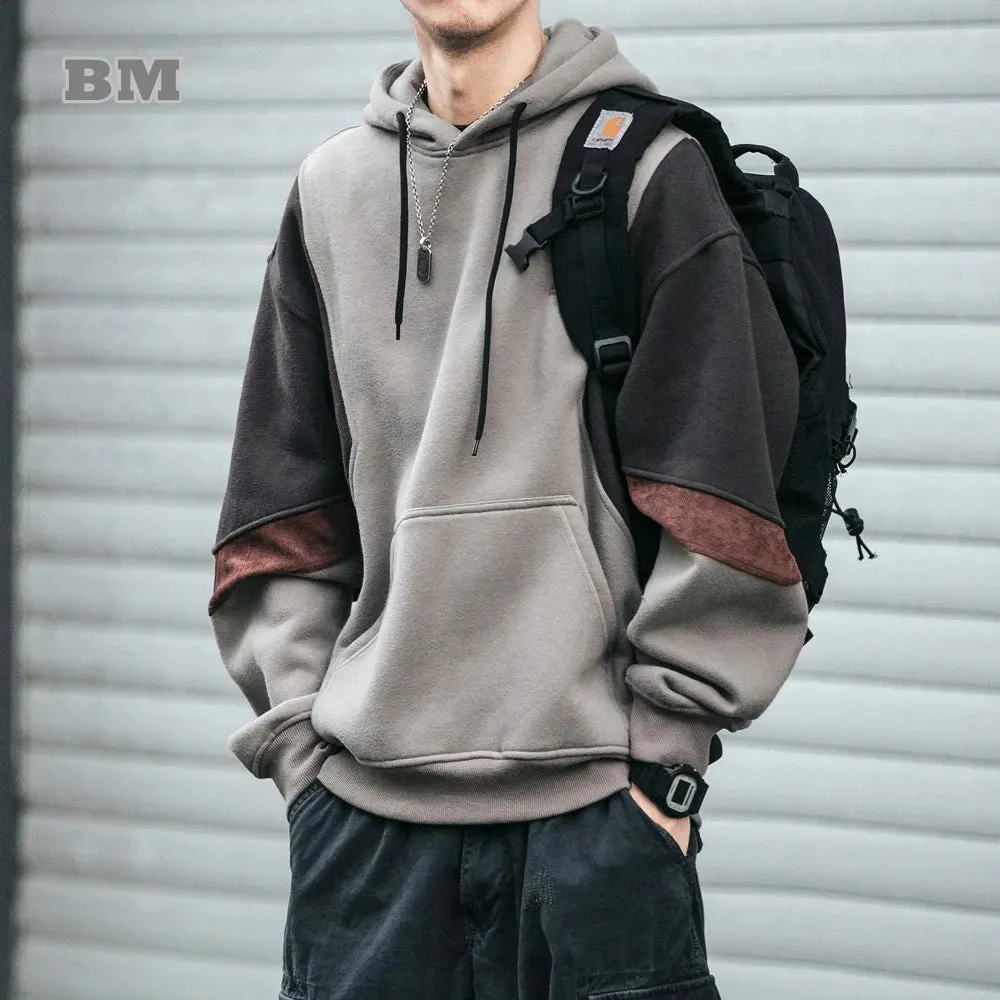 Plus Size Korean Fleece Patchwork Hoodie Men's Sweatshirt