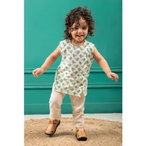 Polka Tots Bird Print Sleeveless Jhabla and Pant Set - Cream & Sea Blue