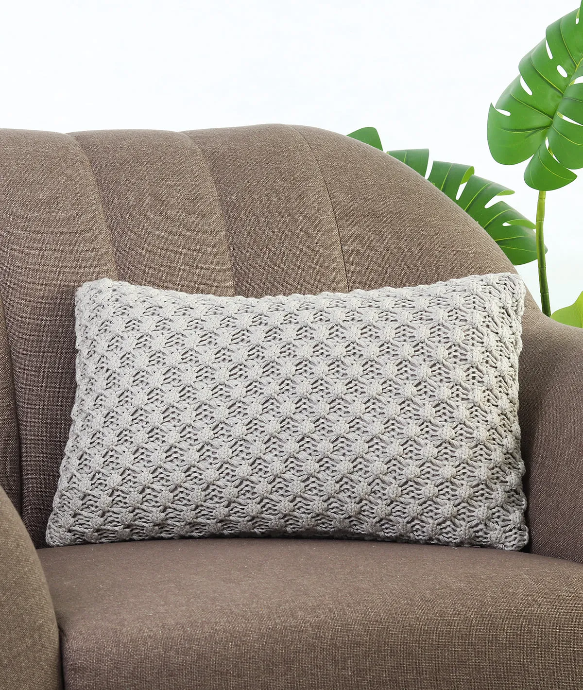 Popcorn Knit Vanilla Grey Melange Cotton Knitted Decorative 12 X 20 Inches Cushion Cover