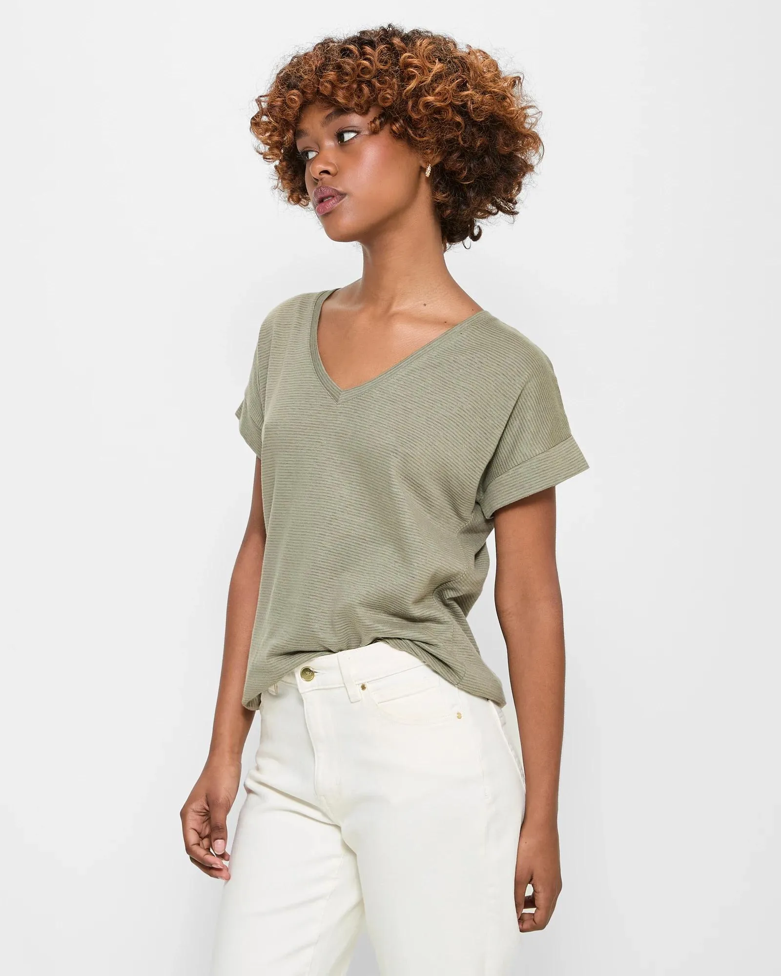 popular  Petites Linen Blend V-Neck T-Shirt - Dannii Minogue - Vetiver Stripe