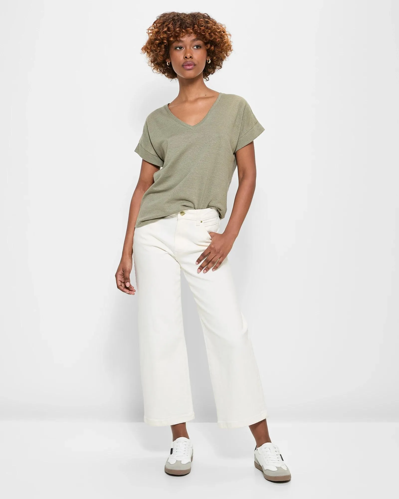 popular  Petites Linen Blend V-Neck T-Shirt - Dannii Minogue - Vetiver Stripe