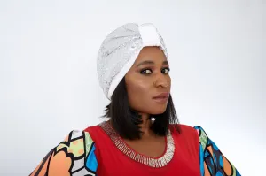Pre made Ready to Wear White Sequin Velvet Turban Cap - Bola