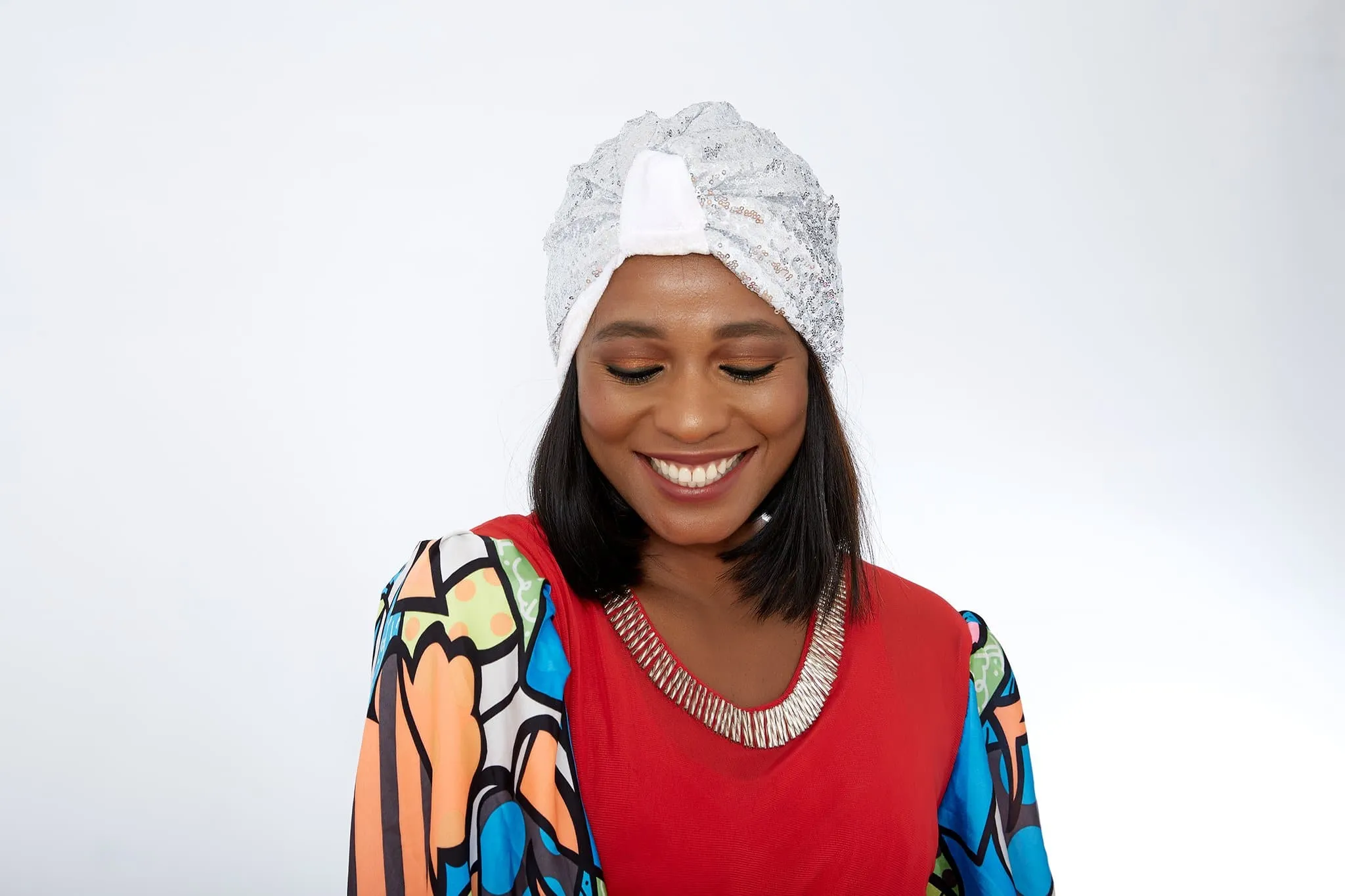 Pre made Ready to Wear White Sequin Velvet Turban Cap - Bola