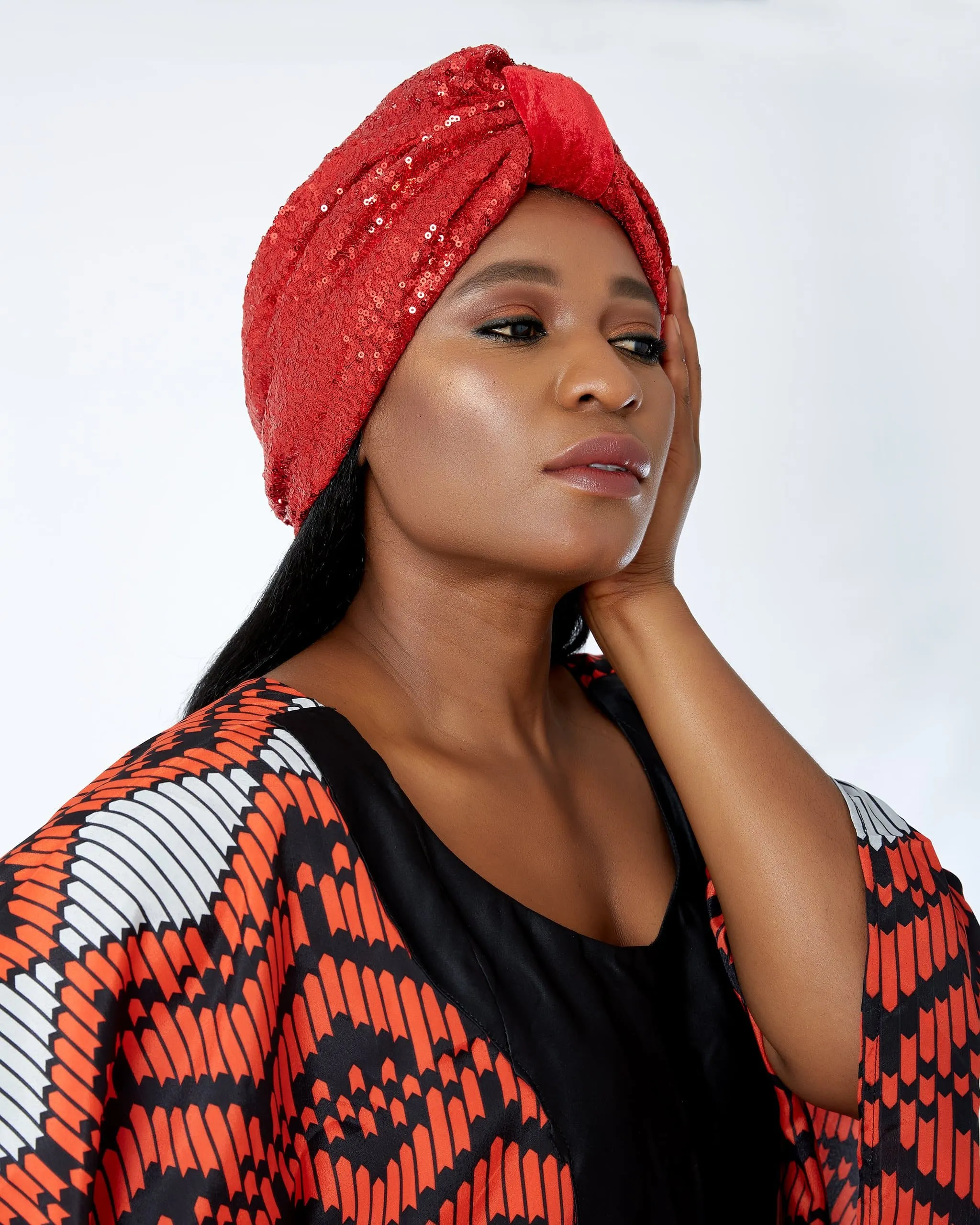 Pre made Ready to Wear White Sequin Velvet Turban Cap - Bola
