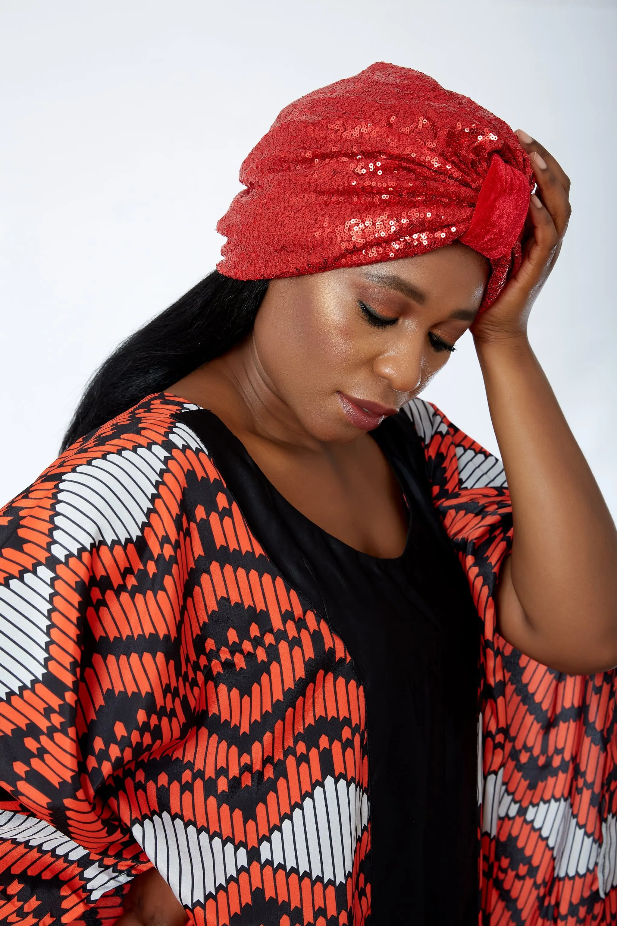 Pre made Ready to Wear White Sequin Velvet Turban Cap - Bola
