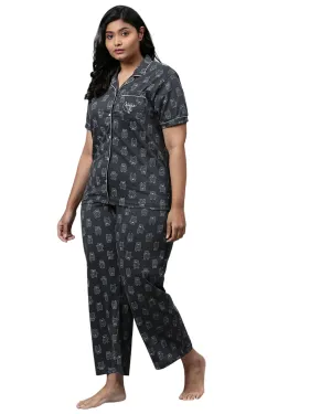 Printed Stylish Night Suit- Bears | Charcoal Grey