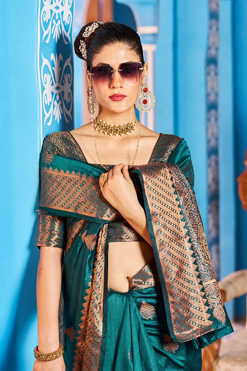 Prominent Rama Banarasi Silk Saree With Blissful Blouse Piece