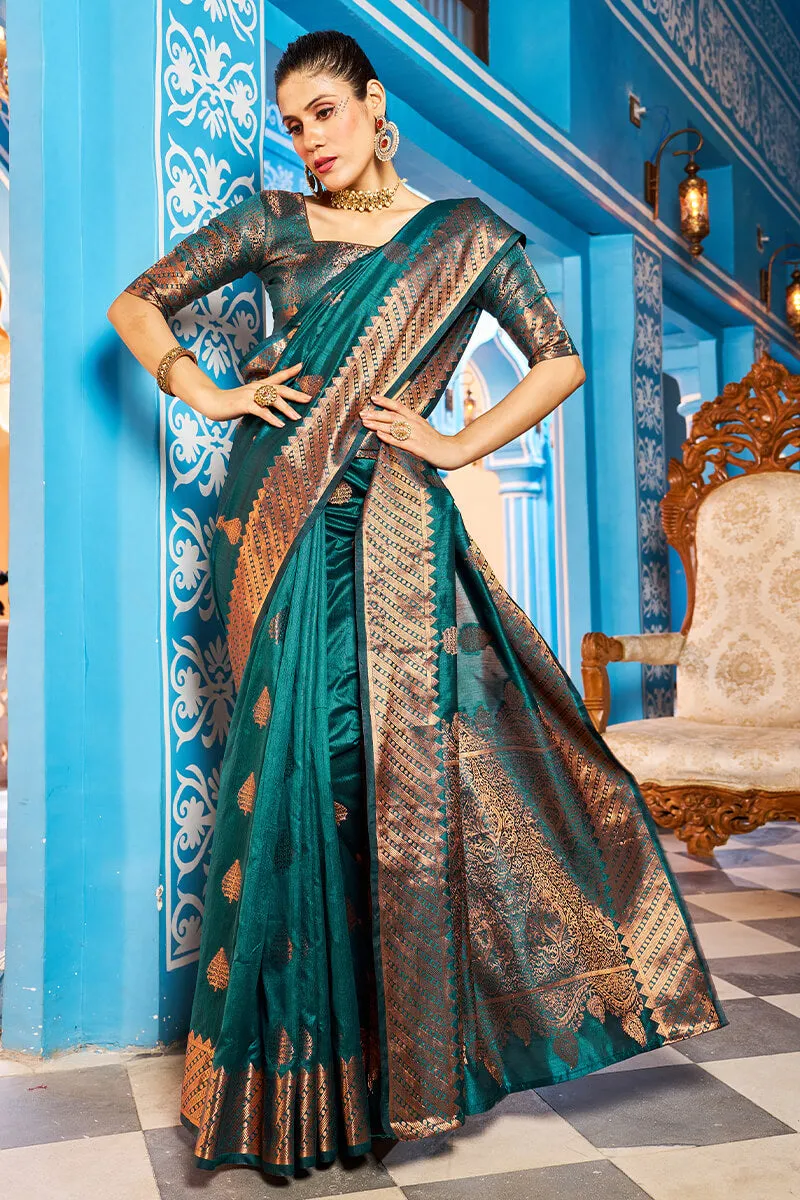 Prominent Rama Banarasi Silk Saree With Blissful Blouse Piece