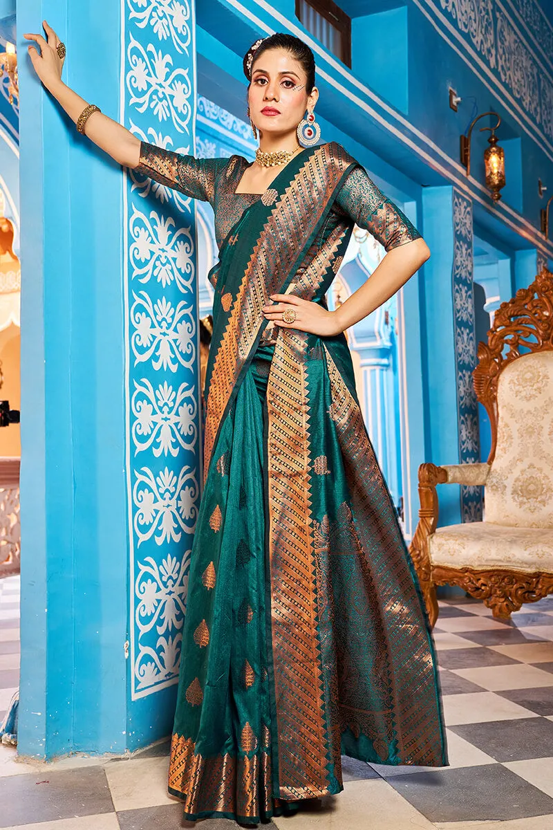 Prominent Rama Banarasi Silk Saree With Blissful Blouse Piece