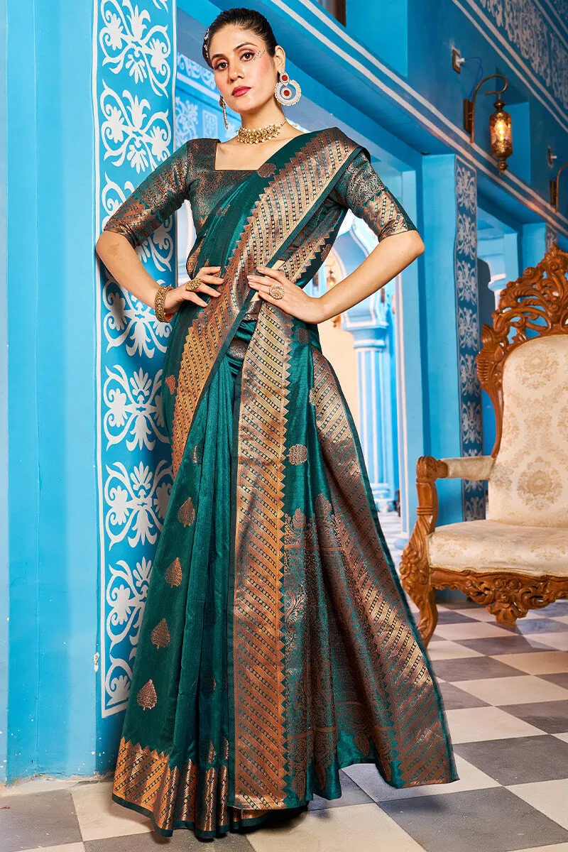 Prominent Rama Banarasi Silk Saree With Blissful Blouse Piece