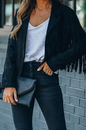 Purpdrank - Black Casual Solid Tassel Turndown Collar Outerwear