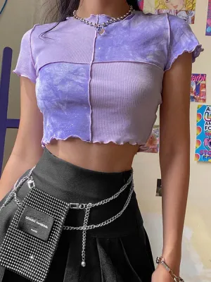 Purple or Blue Ruffles Hem Short Sleeve Tee