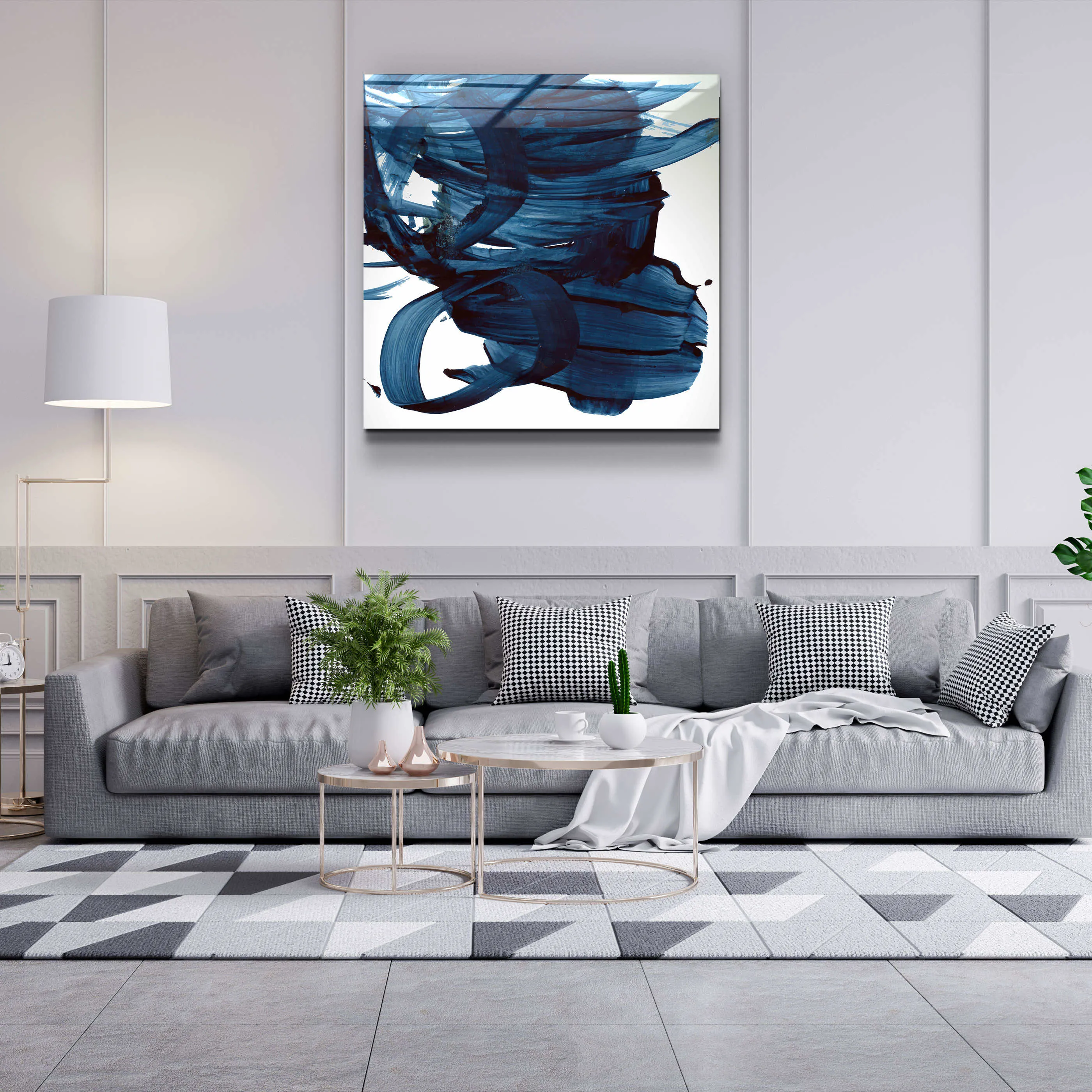 ."Navy Blue Abstract Brush Strokes". Designer's Collection Glass Wall Art