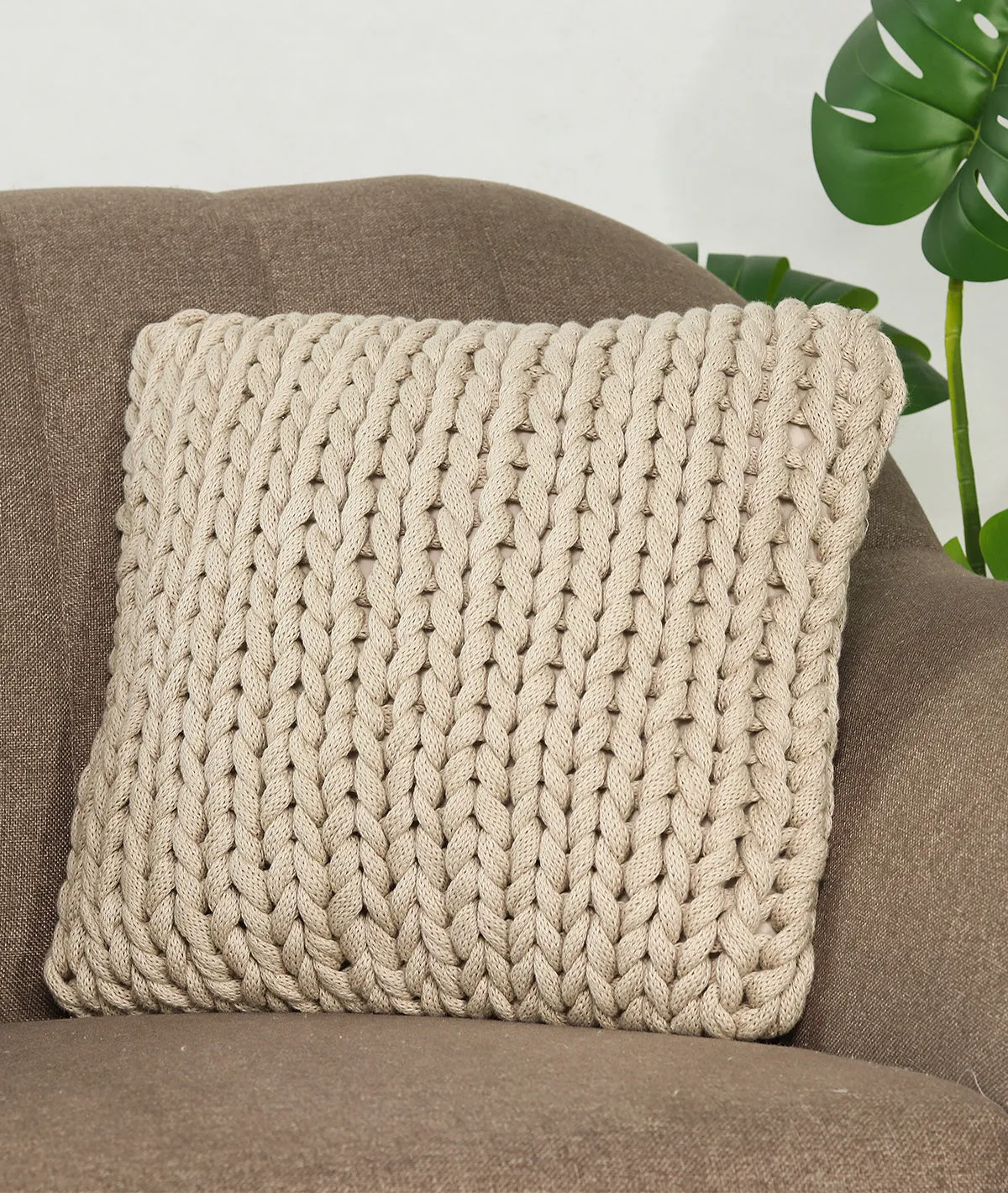 Rapunzel Pale Whisper Color Hand Braided Cotton Knitted Decorative 16 X 16 Inches Cushion Cover