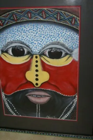 RARE UNIQUE AUTHENTIC COLORFUL FOLK ART PAINTING TRIBAL WARRIOR FROM PAPUA NEW GUINEA ARTIST FRAMED IN SIGNED HAND PAINTED FRAME TO MATCH THE ART WITHIN 29 1/4” X 23 3/4” DFP7 DESIGNER COLLECTOR WALL ART
