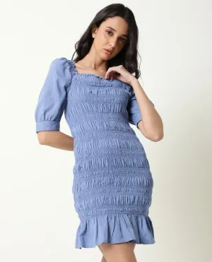 Rareism Women Emmo Light Blue Cotton Linen Fabric Short Sleeves Tube Neck Puff Sleeve Regular Fit Plain Knee Length Flared Dress