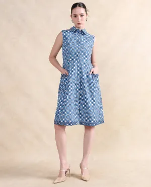 Rareism Women Qban Multi Cotton Fabric Sleeveless Collared Neck Button Closure A-Line Midi Geometric Print Dress