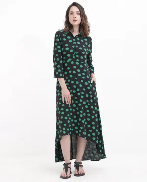 Rareism Women Winslet Black Rayon Fabric Regular Sleeves Collared Neck Abstract Print Regular Length Dress